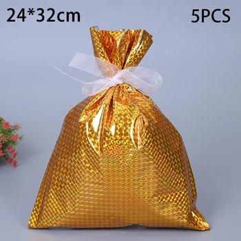 

5pcs Christmas Sacks Reusable Drawstring Wrap Stocking Packing W/ribbon