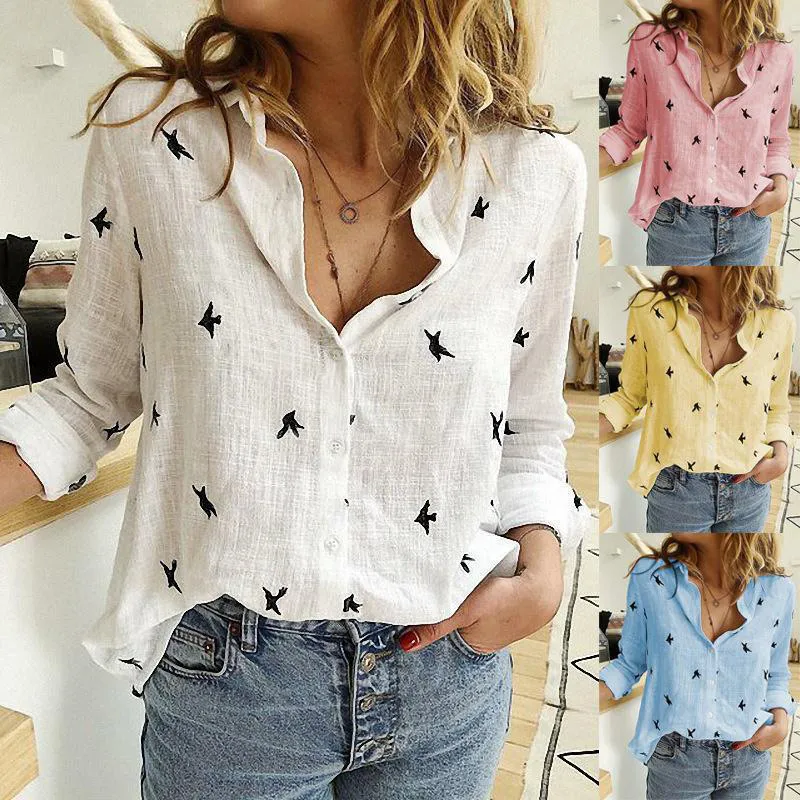 

NoEnName_Null Women's Birds Print Shirt Blouses Cotton Female Blouse Tops 2020 Spring Summer Loose Casual Lady Shirts Plus Size