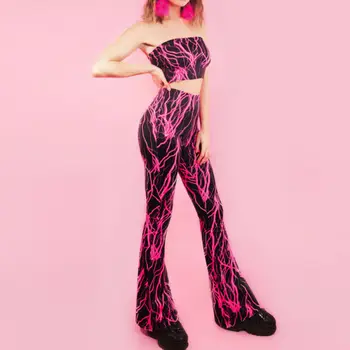 

2019 Summer Sexy Women Clothes Set Lightning Rose Red Sleeveless Skinny Pants Outfits Tracksuit 2PCs Crop Tank Tops