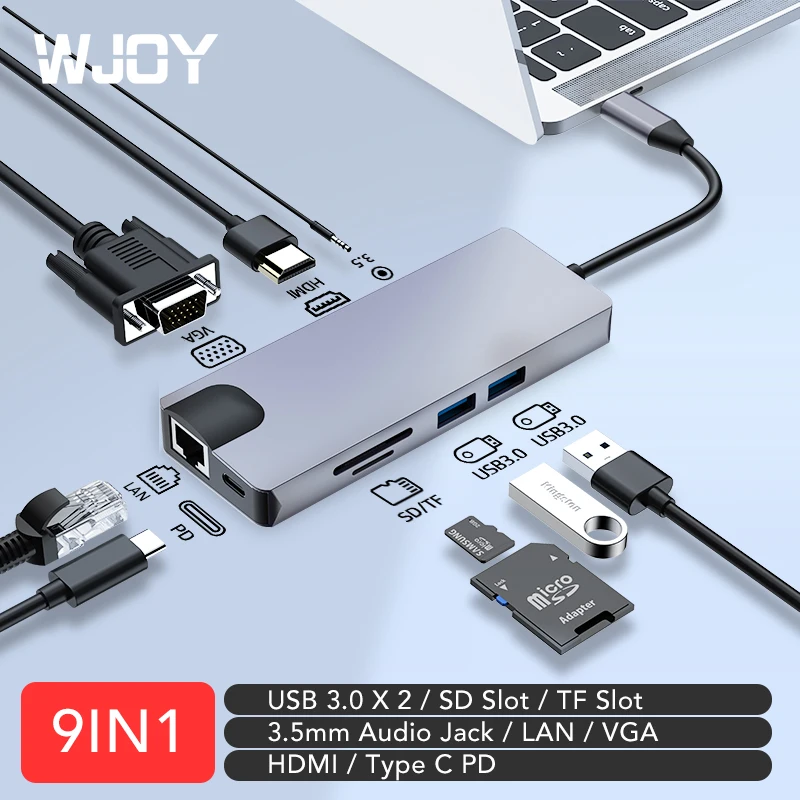 

WJOY USB C Hub Multi Docking Station Laptop USB 3.0 Hub USBC VGA PD LAN Ethernet 3.5mm Audio Jack SD TF Card for apple macbook