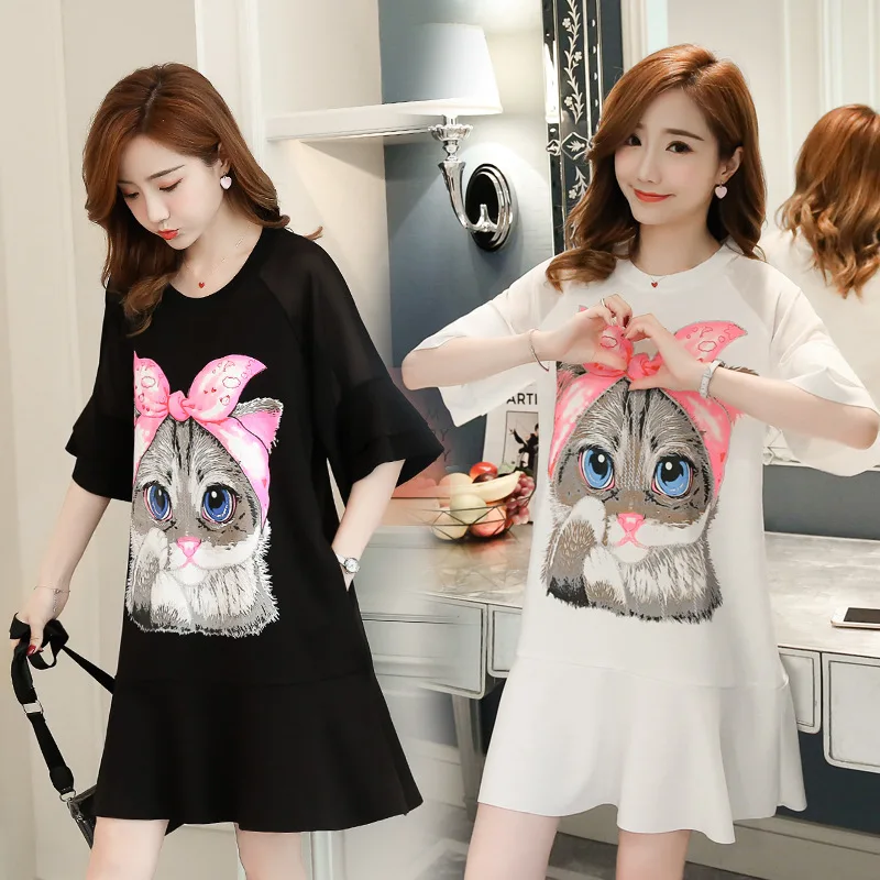

2019 Summer New Style GIRL'S Dress Cat Bell Sleeve Flounced Loose-Fit A- line Skirt Pregnant Women Dress