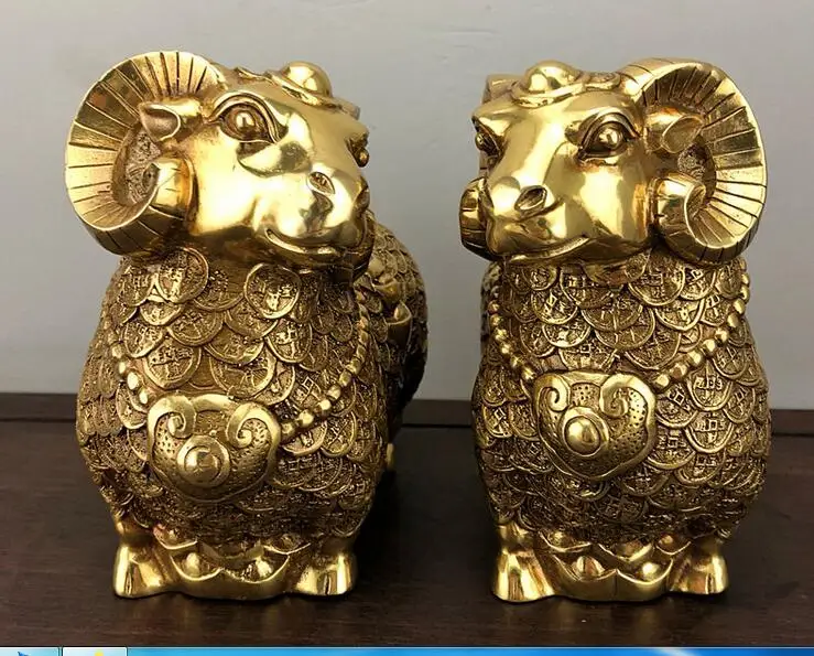 Metal crafts Home Decoration 1 Pair Of Chinese brass Carved Coin sheep Sculpture Feng Shui Goats Statue |