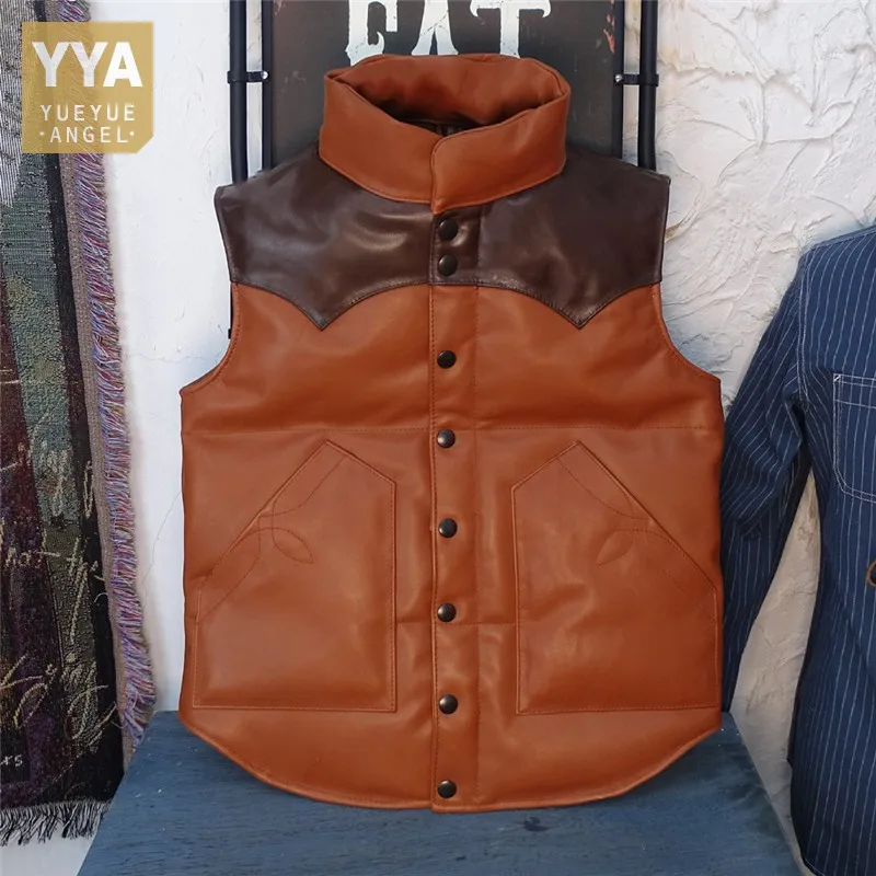 

Vintage Mixed Colors Winter Genuine Leather Vest White Duck Down Jacket Men Safari Style Stand Collar Thick Sleeveless Waistcoat