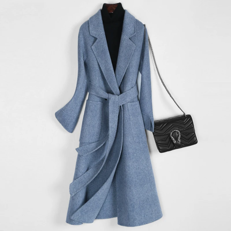 

High-grade Women's Double-sided Wool Jacket 2019 Fashion Autumn Winter Slim Stripe Long Women Overcoat With belt Warm Wool Coat