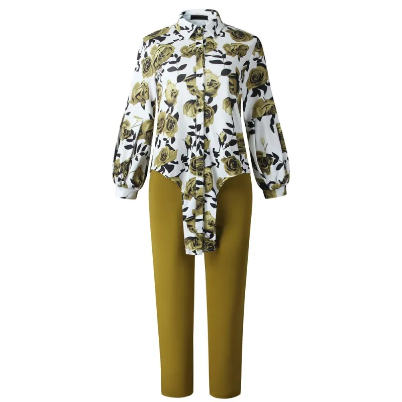 

2 Pieces Set Sexy Spring Autumn Fashion Women Set Female Tops Floral Print Long Sleeve Shirt And Pants Two Piece Sets