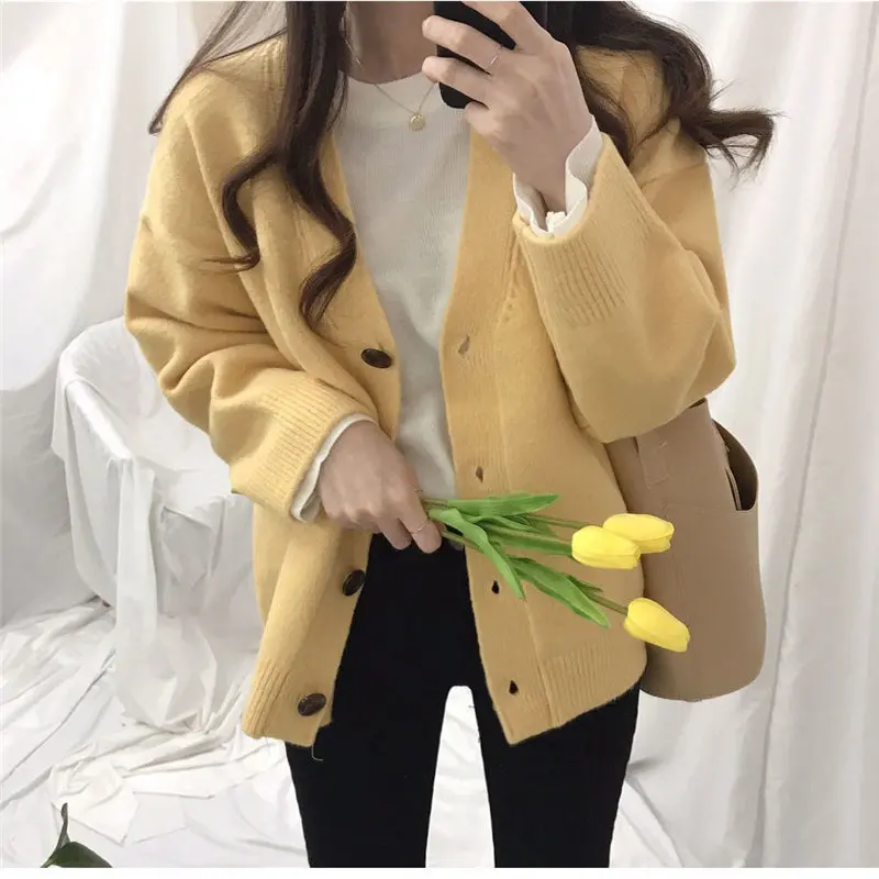 

Alien Kitty Preppy Lazy Style Loose V-Neck Students Sweet Gentle Autumn Winter Regular Knitted Cardigans Solid Fresh Sweaters