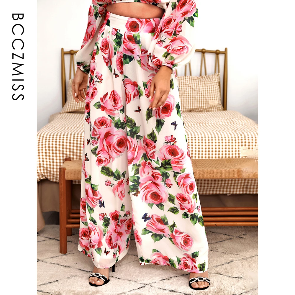 

High-Waist Pants For Women Autumn Long Sexy White Loose Floral Print Chiffon Wide-Leg Colorful Club Trousers Party Lady BCCZMISS