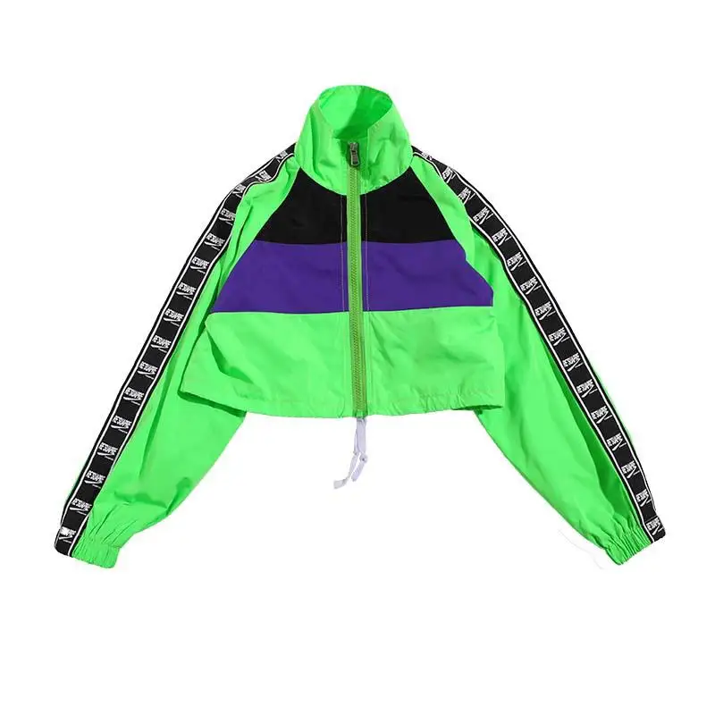 Green Jacket Комплект одежды для танцев для девочек 8, 10, 12, 14, 16 лет, укороченная флуоресцентная зеленая куртка с капюшоном и серебряная юбка джазовые костюмы - Цвет: Green Jacket