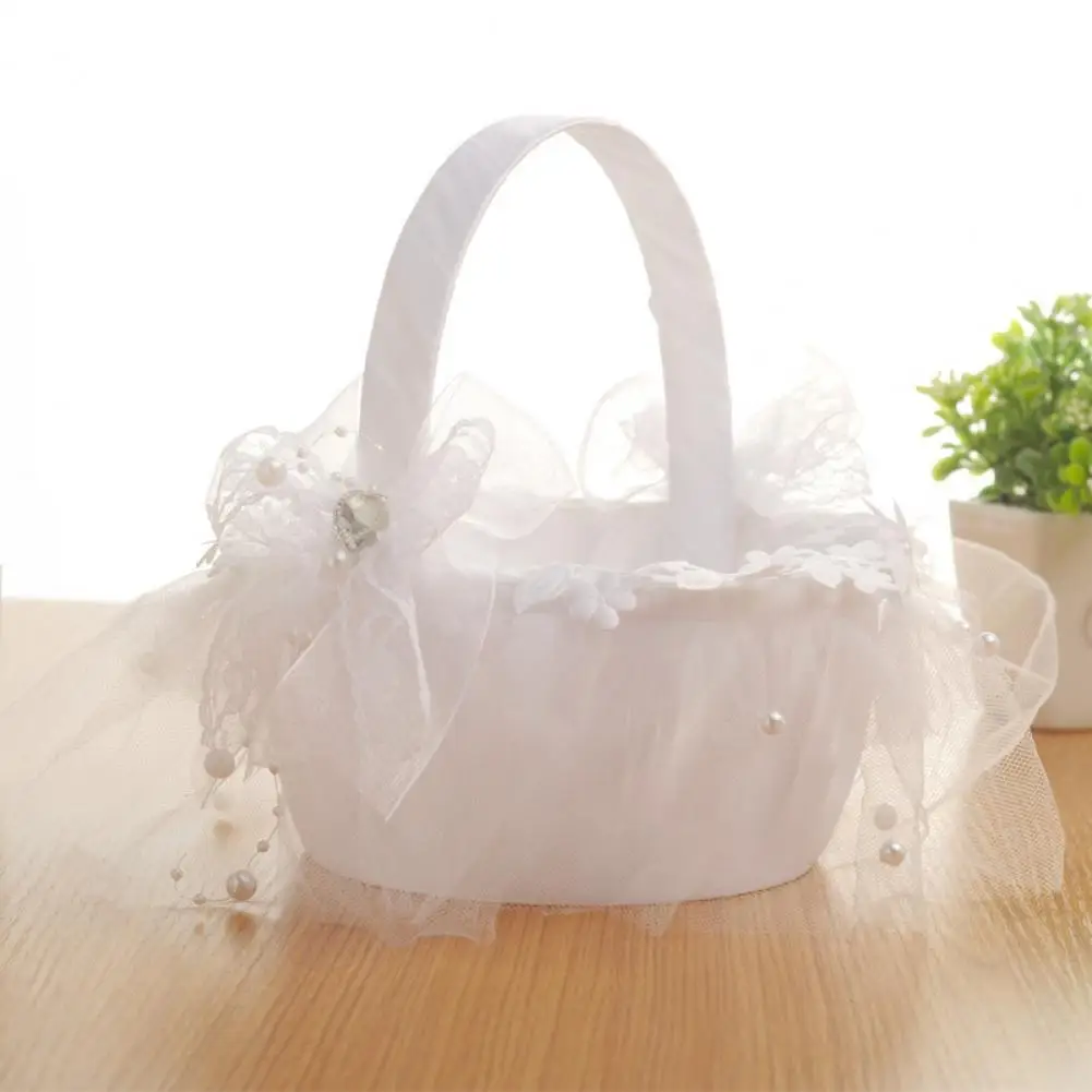 Creative Flower Basket Eye-catching Elegant Appearance Fabric Lace Diamonds Wedding Flower Girl Handheld Basket for Party 4