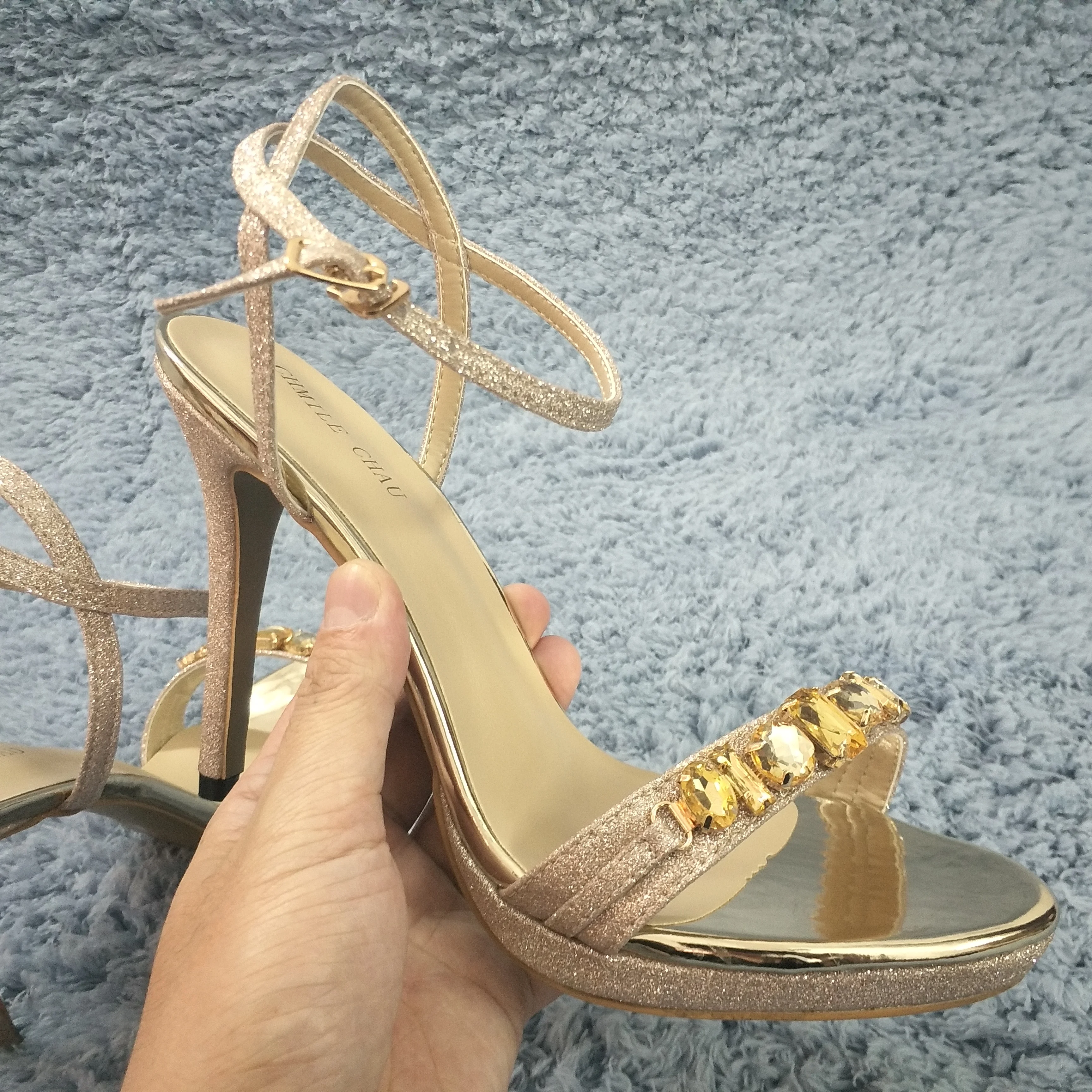 

Sexy Gold Glitter Sandal High Heel Bridals Party Women Sandal Summer Open Toe Ankle Strap Stiletto Crystal New 12cm Heels Shoes