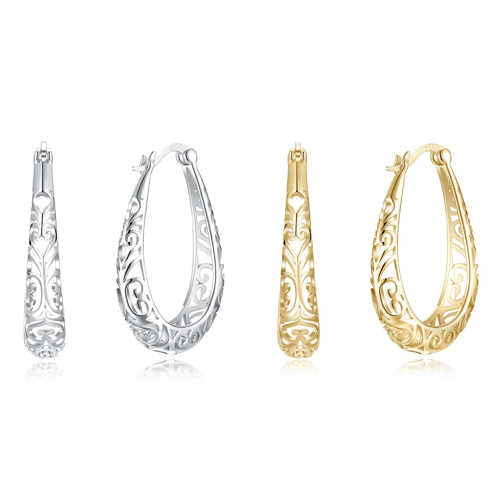 SILVERHOO Minimalist Earrings For Women 925 Sterling Silver 2 Color Hollow Out Pattern Golden Stud Earring Female Luxury Jewelry