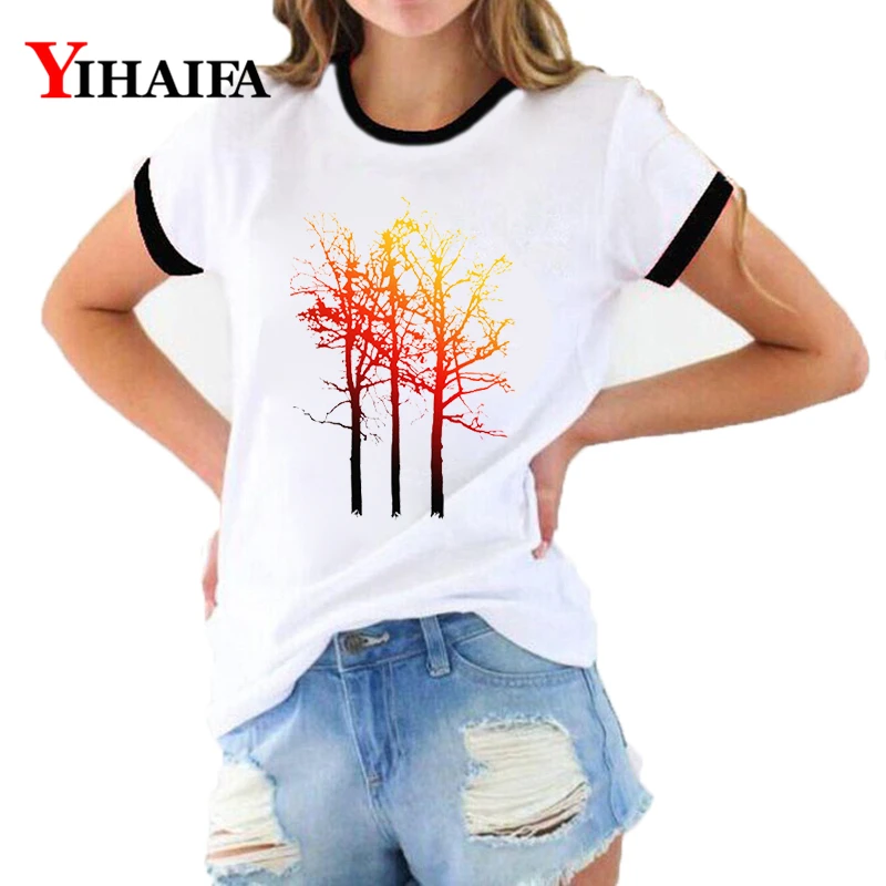 

YIHAIFA 3D T Shirts Women Colorful Tree Print Graphic Tees Summer Short Sleeve Ladies Funny O-Neck Casual Tops