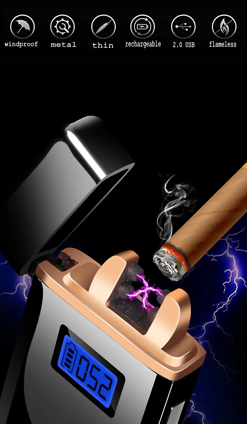 Новинка, светодиодный дисплей, usb зарядка, зажигалка, металлическая перезаряжаемая двойная дуговая зажигалка, электрическая плазменная Зажигалка для сигарет, мужские подарки