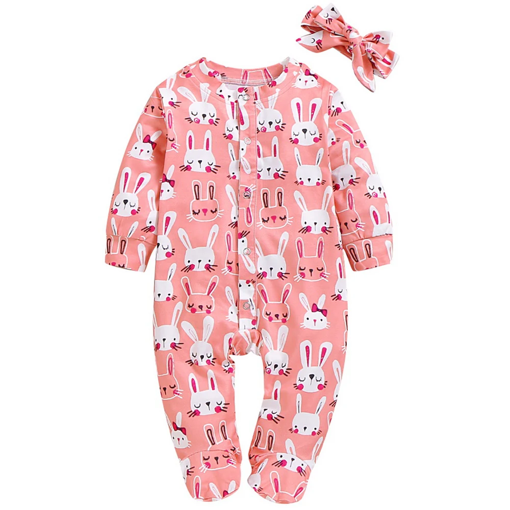 Одежда для маленьких девочек милый комбинезон с принтом кролика для новорожденных, зимний комбинезон с длинными рукавами и повязкой на голову, Детский костюм для детей возрастом от 3 до 18 месяцев, D30 - Цвет: Розовый