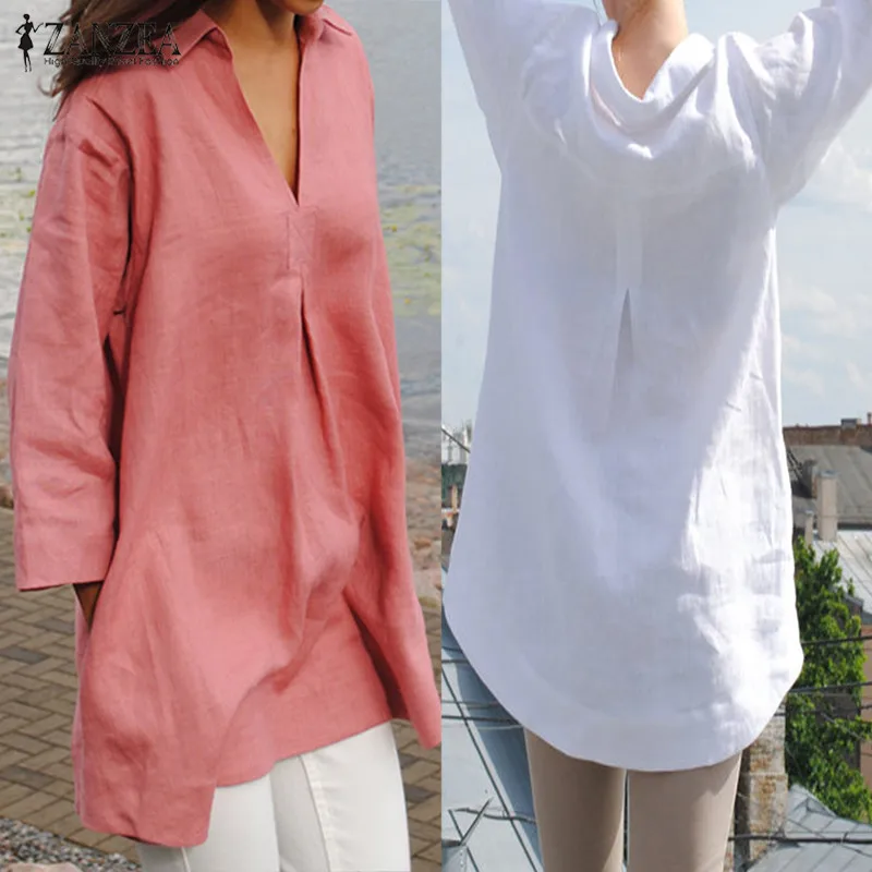 Goedkoop ZANZEA Vrouwen Tops 2019 Herfst Solid Shirts Katoen Blouses Casual Losse V hals Fashion Sexy Blusas Femininas Plus Size S 5XL