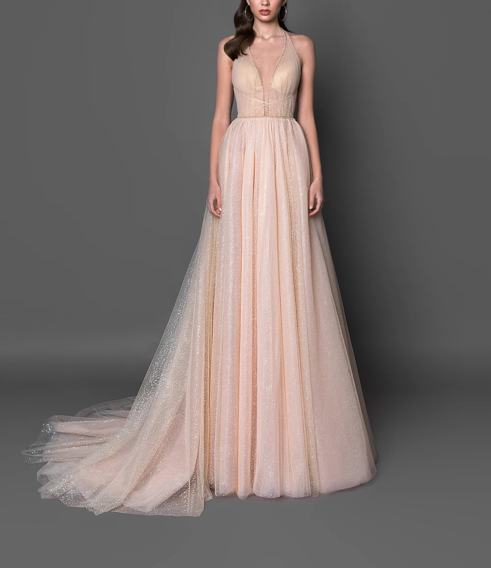 Vestido Formatura Выпускные платья Длинные тюль с блестками сексуальная открытая спина Vestidos De Gala v-образным вырезом Robe De Soiree