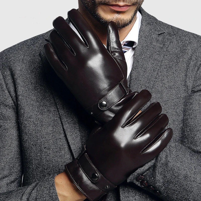 Genuien Leather Gloves Male Autumn Winter Warm Lined Sheepskin Gloves Man Fashion Black Business Casual Leather Gloves TU2001