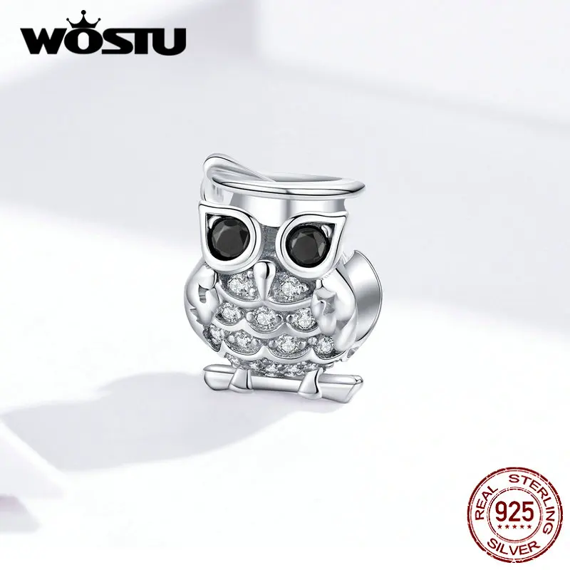 WOSTU 925 пробы серебряные милые бусины в виде совы из чистого циркона подходят к оригинальному браслету Подвески модные ювелирные изделия CTC124