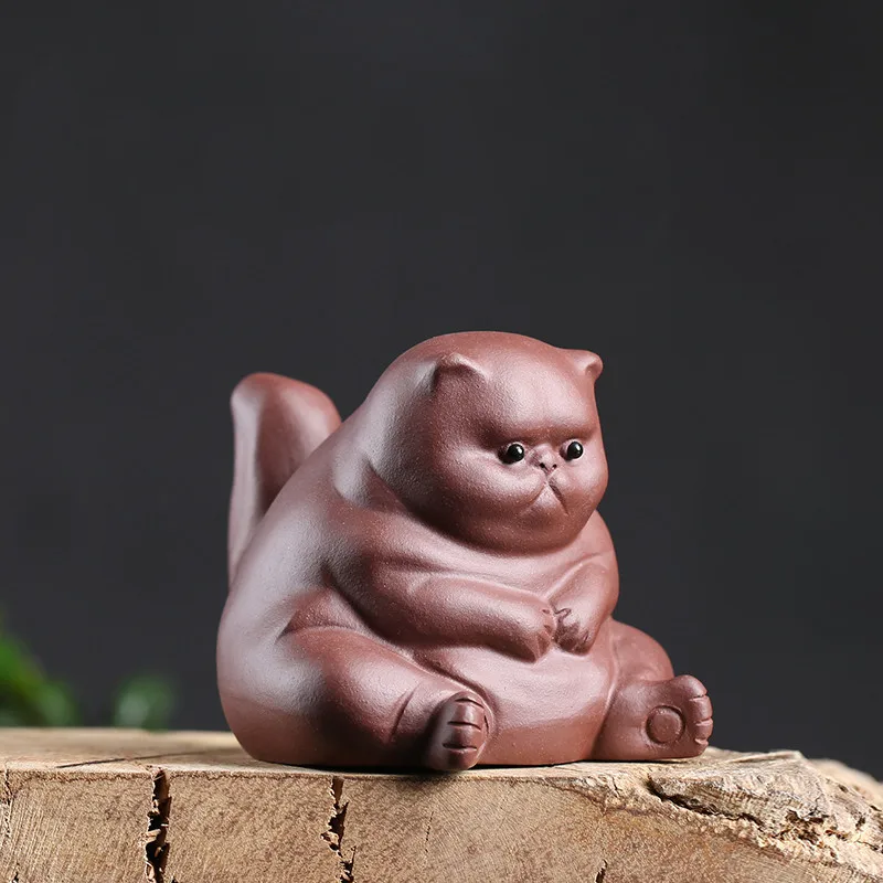 Creative Ceramic Animal Figurines Purple Clay Tea Pet Cute Kung Fu Small Angry Cat Crafts Home Car Decoration Ornaments Gifts | Дом и сад