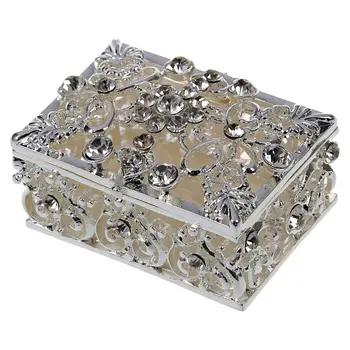 

Small Rhinestone Embellished Hollow Jewelry Storage Gift Trinket Box Silver