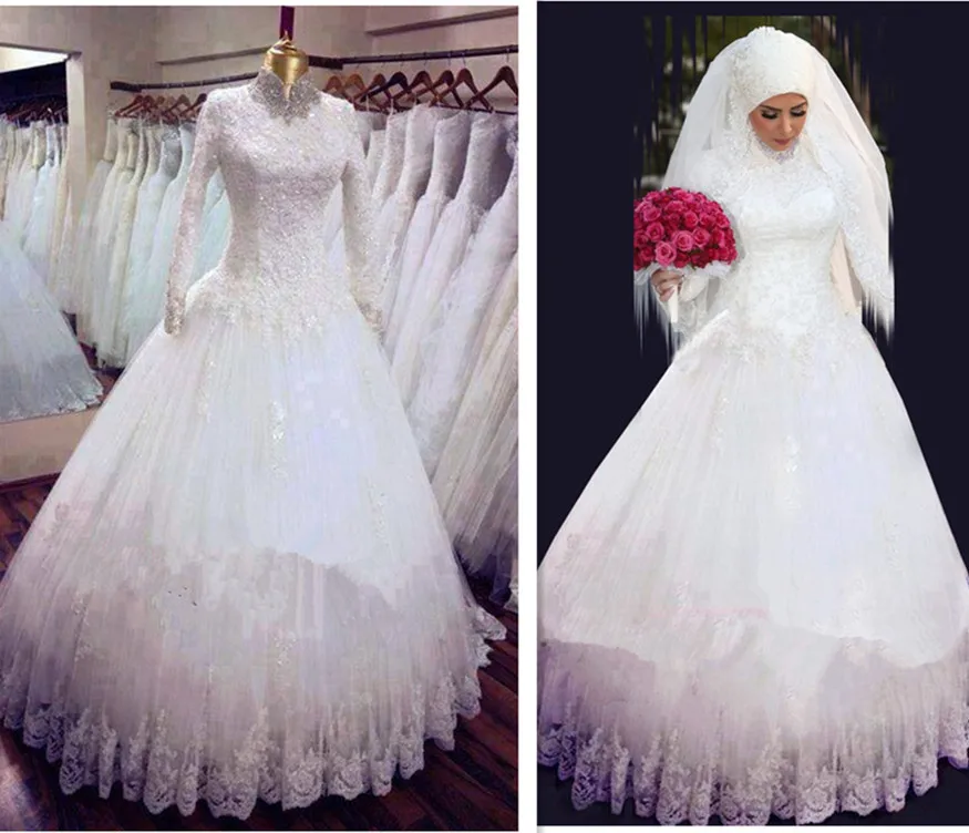 

Beaded High Neck Long Sleeves Wedding Dresses 2019 Muslim Wedding Dress Wedding Gowns Robe De Mariage Custom Vestido de noiva