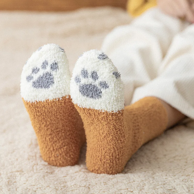 Модные плюшевые коралловые Флисовые женские носки, корейские женские носки без пятки, Kawaii, осенне-зимние милые толстые теплые носки для сна с когтями кошки