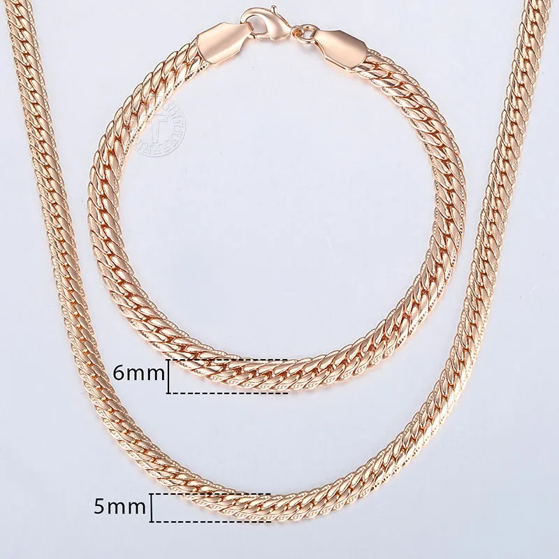 Jewelry Sets for Women Men 585 Rose Gold Color Bracelet Necklace Set Double Cuban Weaving Bismark Chain Jewelry LCS04