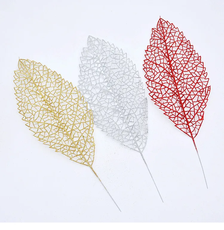 

15PCS 30CM For christmas decoration artificial plastic leaf Xmas leaves gold dust powder silver red