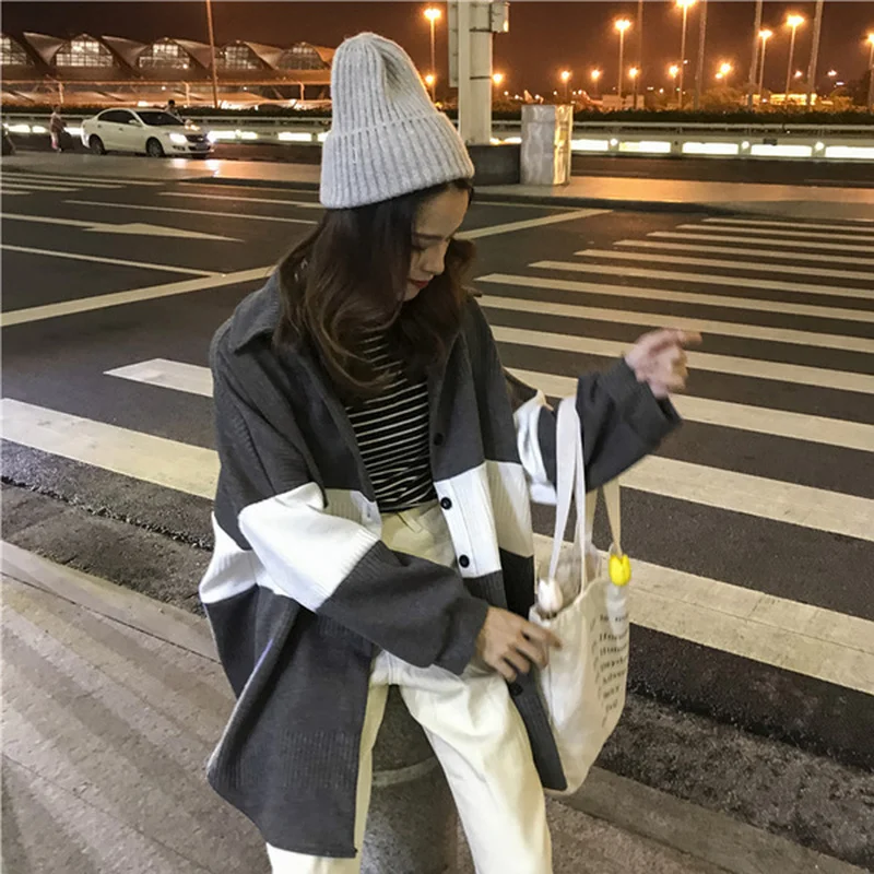 Woherb корейский негабаритный кардиган женский отложной воротник однобортный свитер пальто полосатый контрастный цвет вязаный джемпер
