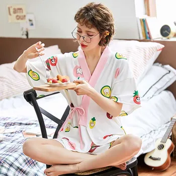 

Women Cute Pajamas Set Cartoon Avocado Printed Ladies Pink Japanese Kinomo Style Sleepwear 2020 Summer Loose Cotton Homewear