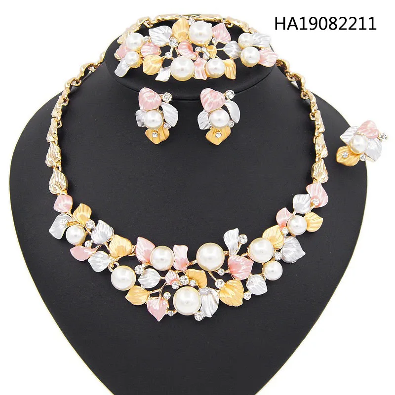 

Yulaili 2019 New Trendy Imitation Pearl Crystal Charm Necklace Stud Earrings African Nigerian Wedding Jewelry Sets Free Shipping