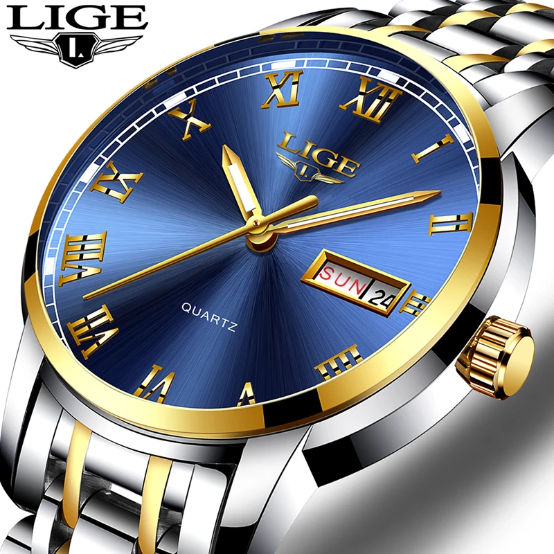 

LIGE Luxury Brand Men Stainless Steel Gold Watch Men's Quartz Clock Man Sports Waterproof Wrist Watches relogio masculino