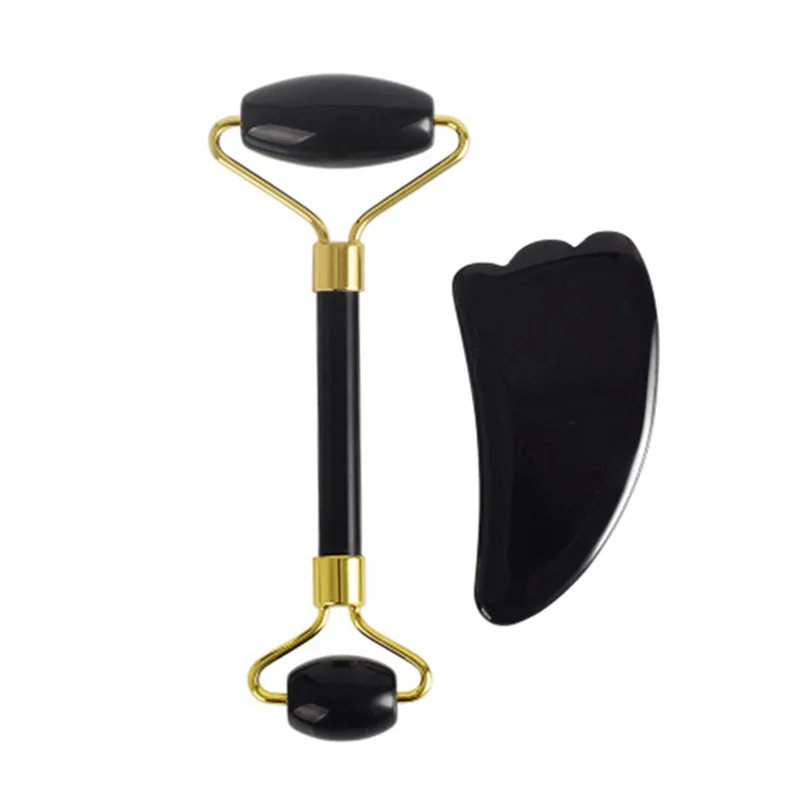  Natural Black Obsidian Massage Roller Double Head Jade Stone Facial Massage Roller Guasha Set Tool 