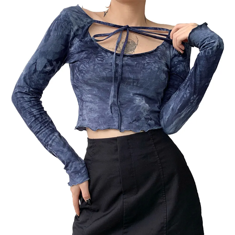 

Women Cotton Tie-dye Short Base Shirt, Round Neck Long Sleeve Falbala Bare Midriff, Lace-up Halter Fashionable Retro Slim Top