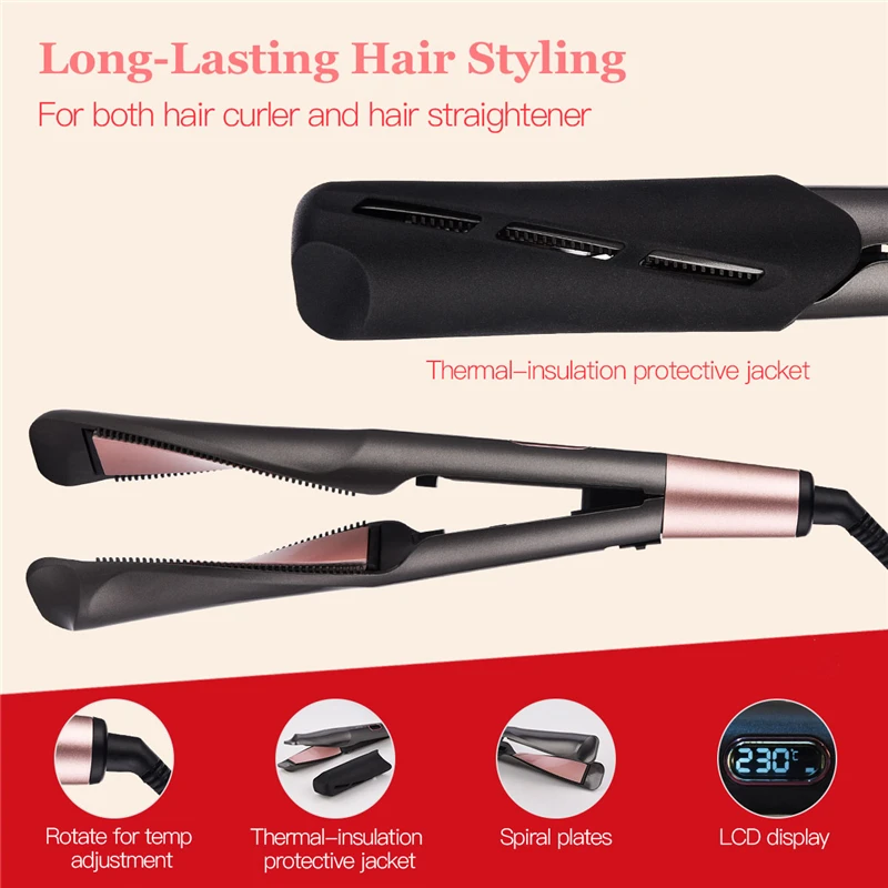 

Electric Ceramic 2 in 1 Straightening Iron Curling Iron Hair Curler LCD 3D Spiral Plate Ceramic Hair Styling Tool with Glove