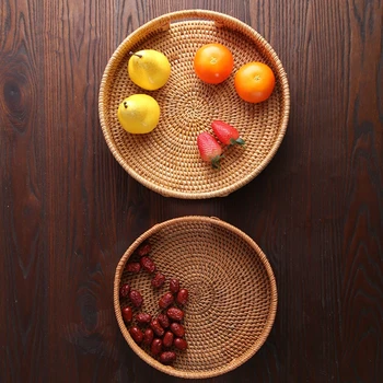 

Rattan Snack Storage Tray Round Basket Hand Woven Decor Bread Fruit Food Display