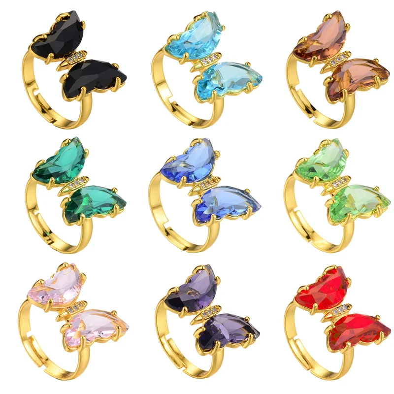 Crystal glass butterfly ring female fashion trendy simple personality student opening adjustable accessories