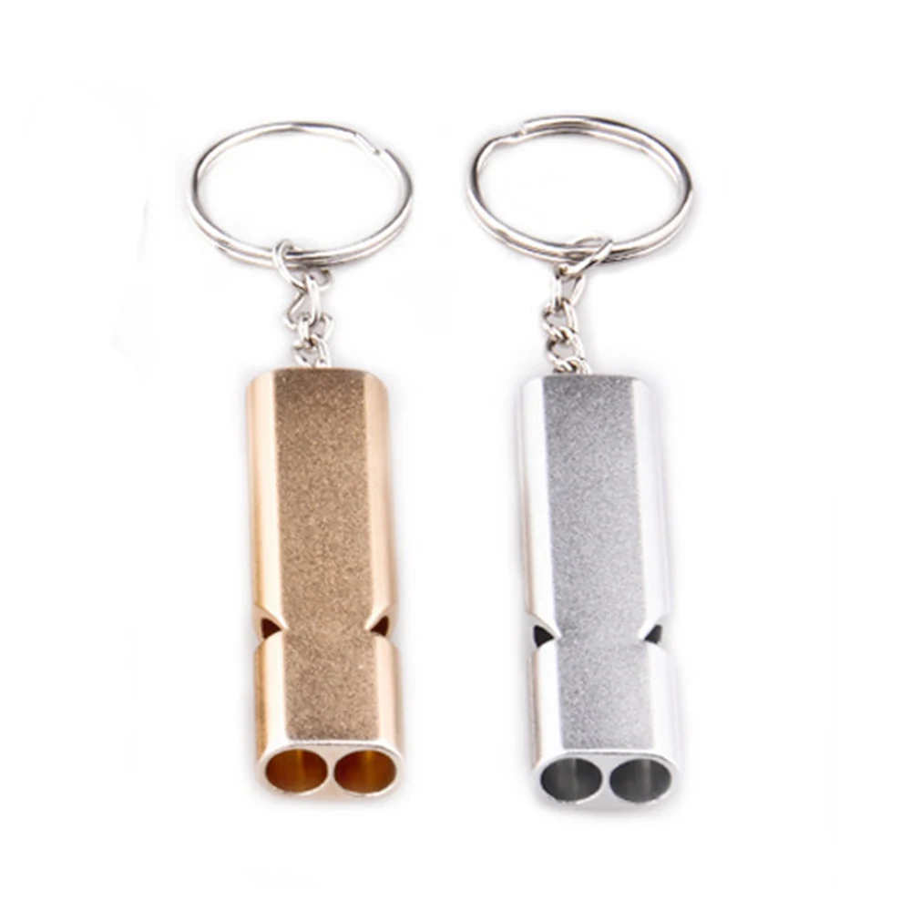 

2pcs Double Pipe High Decibel Whistle Aluminum Alloy Outdoor Emergency Survival Keychain Cheerleading Whistle Multifunction Tool