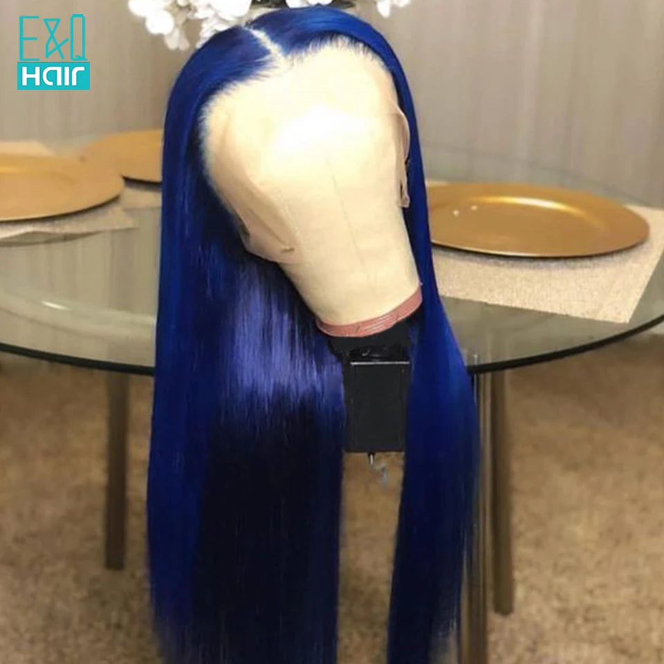 Dark Blue Color Straight Lace Front Wig Pre Plucked Hairline Brazilian Remy13x6 Lace Human Hair Wigs With Baby Hair 130 Density