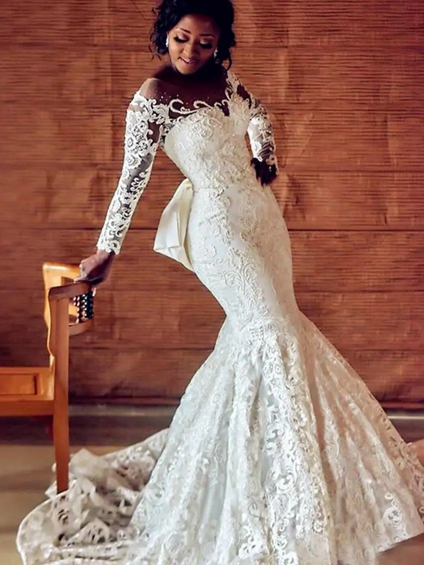 

African Lace Mermaid Wedding Dresses Long Sleeves Appliques See Through Bridal Gown Bow Vestido De Noiva