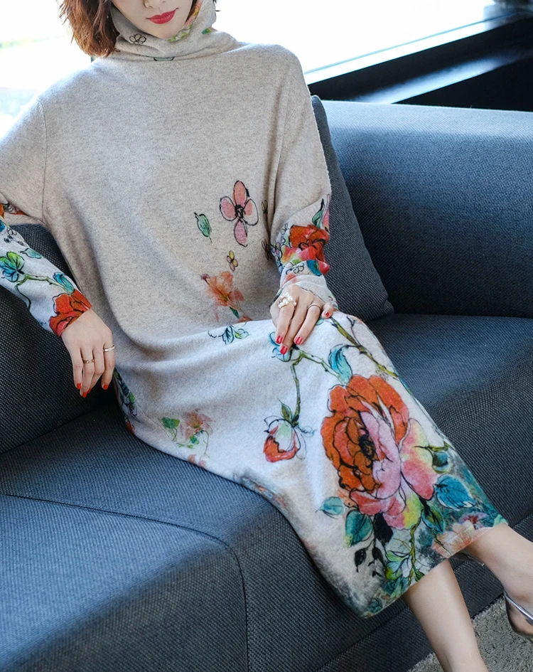 Fall Winter Vintage Women Turtleneck Long Sleeve Loose Floral Printed Cashmere Sweater Dress Woman Knitted Sweaters Dresses