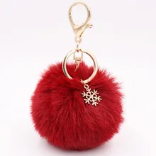 New Christmas Element Key Chain Bag Accessories With Metal Snowflake Fluffy Faux Rabbit Fur Keychains Hairball Pendant Xmas Gift
