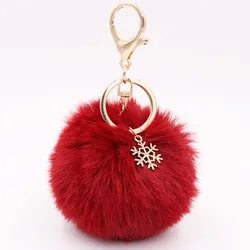 New Christmas Element Key Chain Bag Accessories With Metal Snowflake Fluffy Faux Rabbit Fur Keychains Hairball Pendant Xmas Gift
