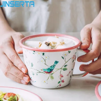 

JINSERTA Antique Enamel Cup Tea Coffee Mug Breakfast Milk Cup Retro High Capacity Home Restaurant Cafe Decor Dinnerware