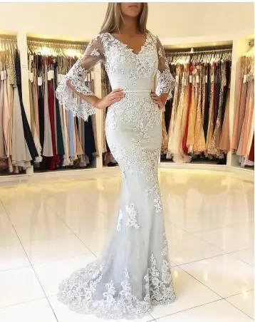 Новые мусульманские Вечерние платья с рукавами, Vestidos Largos, кружевные исламские дубайские элегантные длинные вечерние платья русалки для выпускного вечера - Цвет: as picture
