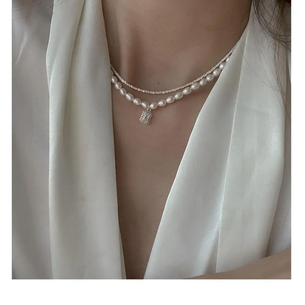 韓国発【ROAJU】[silver925] clear pearl chain necklace/追跡付 925 Sterling Silver Black Mother of Pear Boublet Bujukan