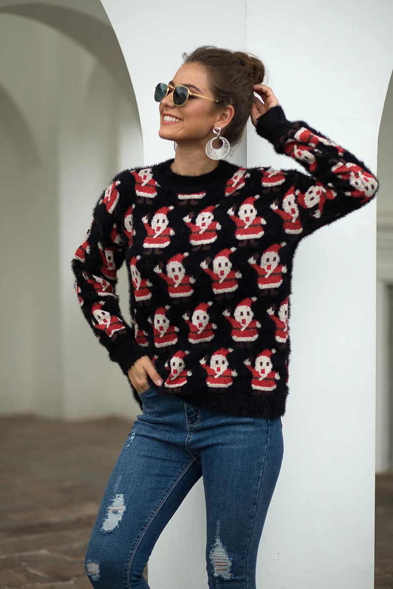 Новинка 2019, Рождественский женский модный красивый и благородный свитер с имитацией гривы, свитер с длинными рукавами и изображением Санта