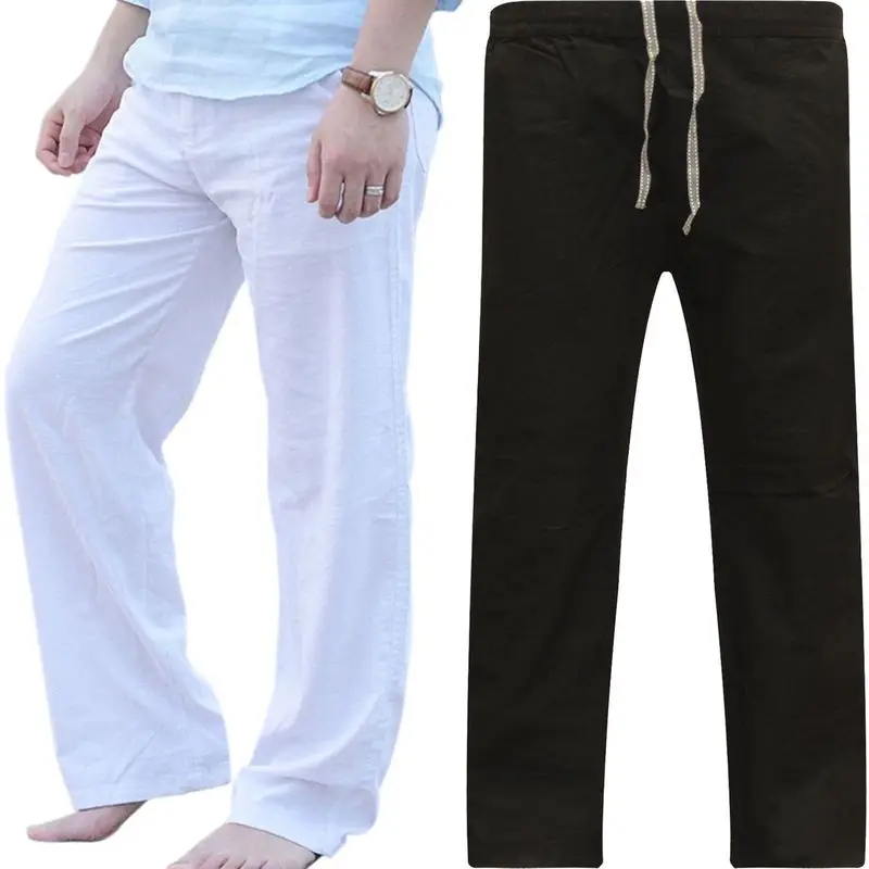 

2019 Mens Nature Cotton Linen Trousers Summer Pants Casual Male Solid Elastic Waist Straight Loose Pants Plus Size M-XXXL