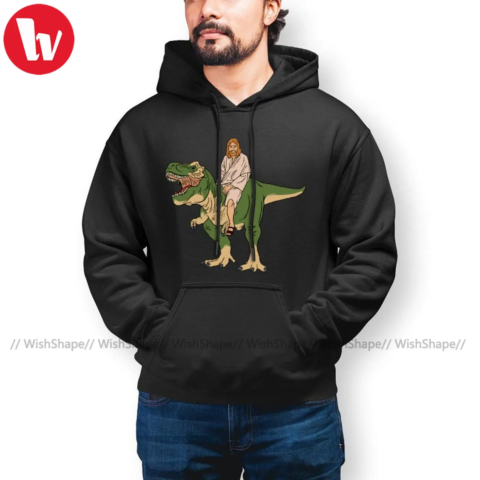 

Casual Dino Hoodies Jesus On Dinosaur Hoodie Cotton Warm Hoodies Long Outdoor Pullover Hoodie Over Size XXL