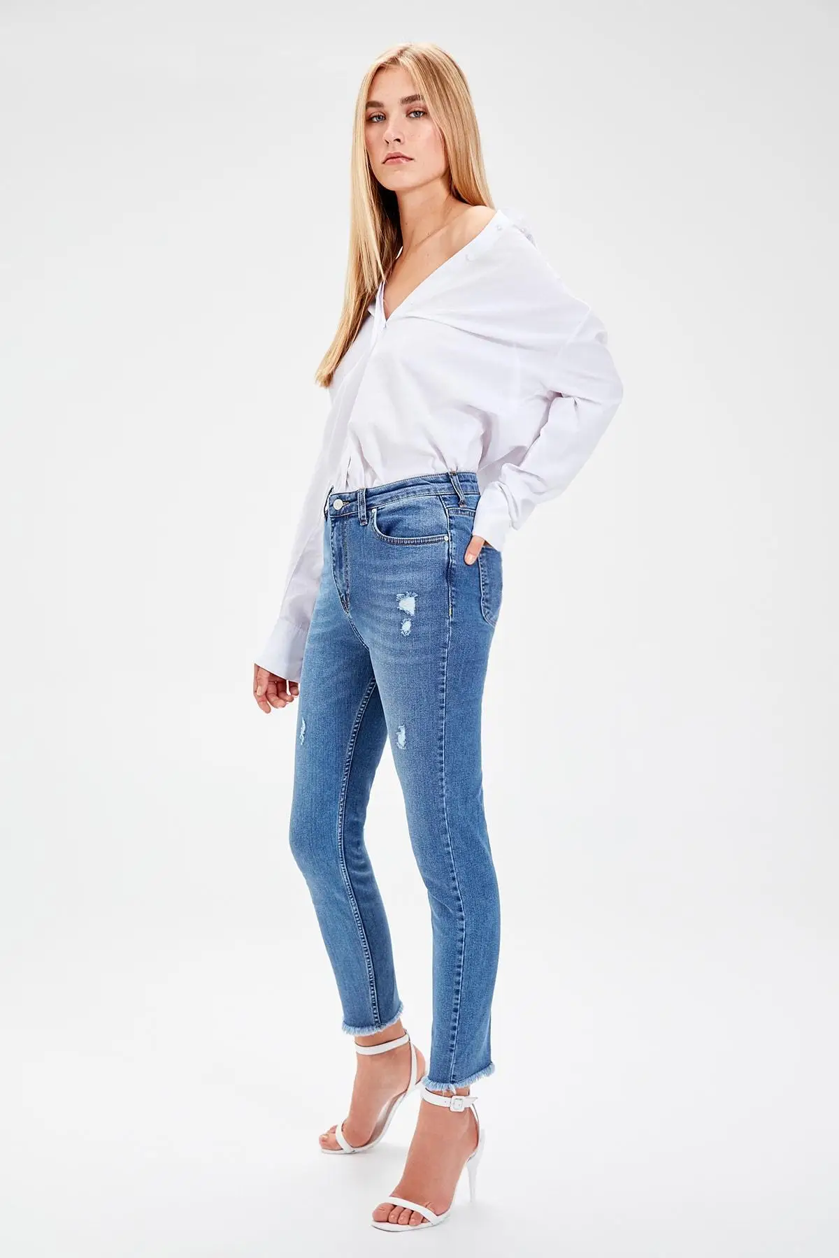 Trendyol Mavi yipratmalsul джинсы с высокой талией, облегающие джинсы TWOAW20JE0098